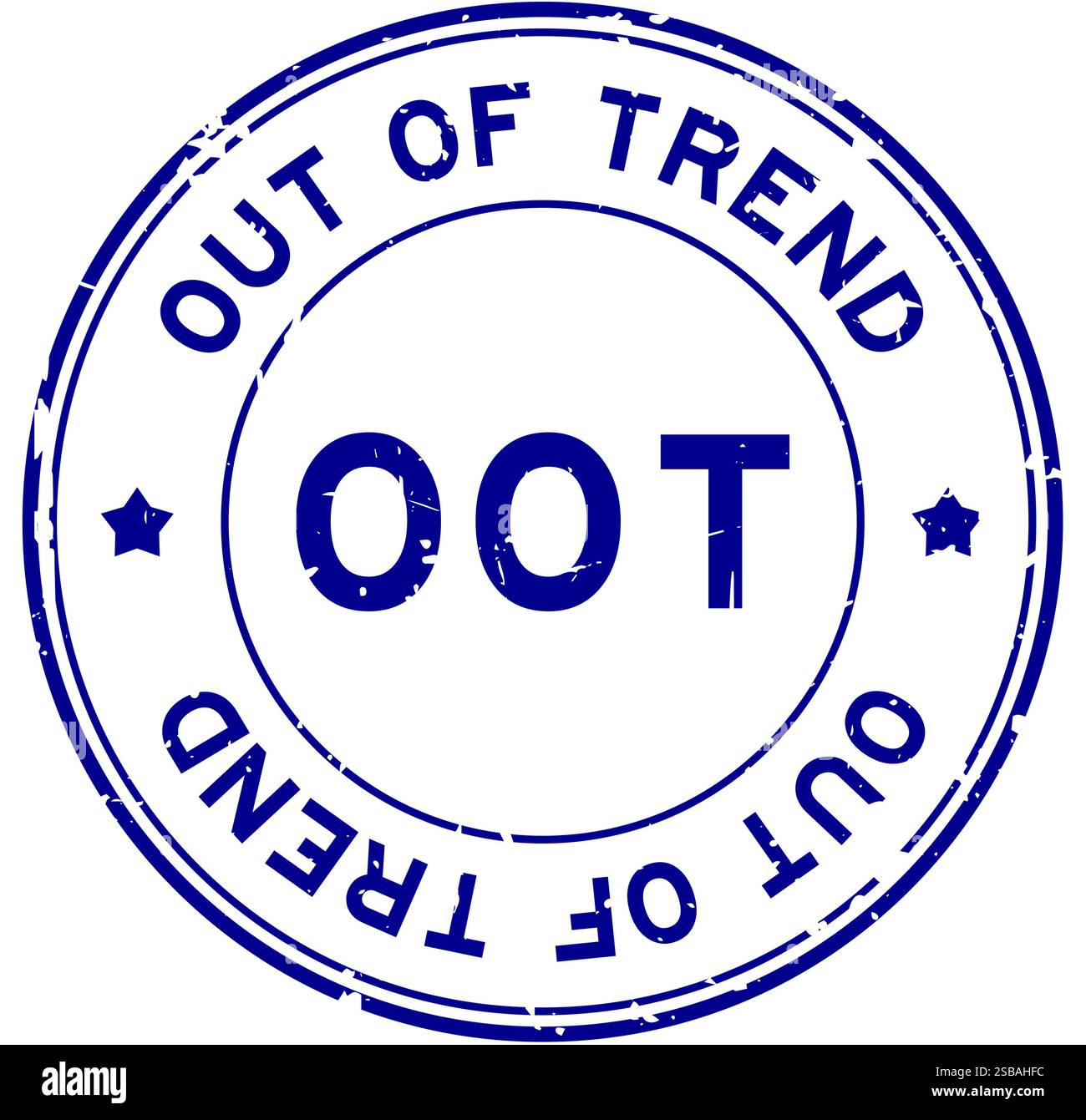 Grunge blue OOT out of trend word round rubber seal stamp on white ...
