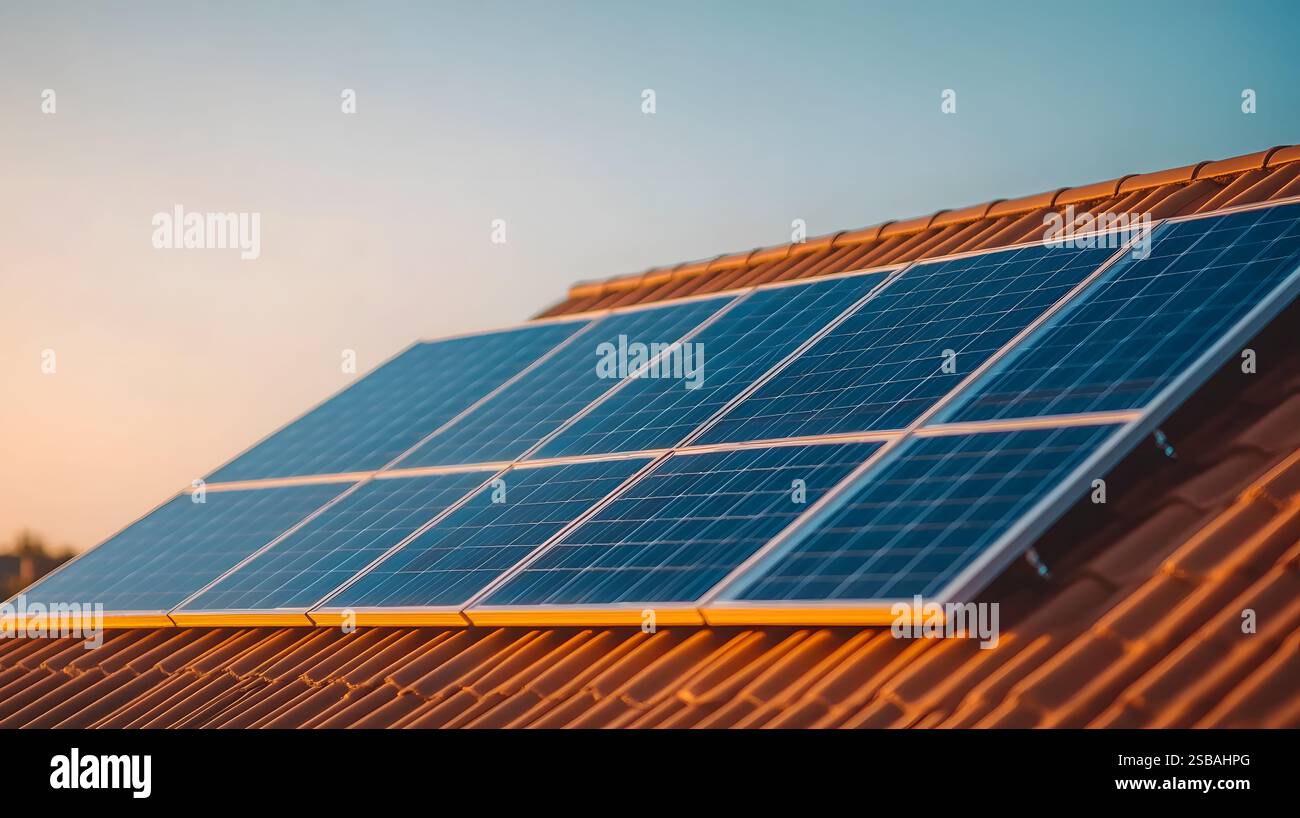 Solar photovoltaic panels installed on the rooftop of a suburban house ...