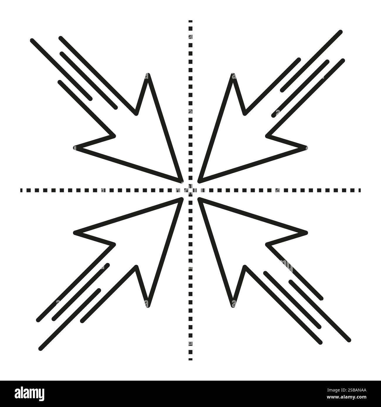 Converging pointer arrows. Center target shape. Vector cross focus. Minimal aiming symbol. Stock Vector