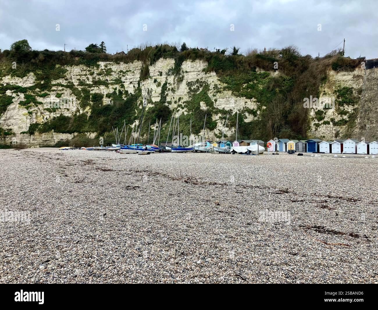 Boats and Beach Huts, Beer, Devon - Smartphone Captured Stock Image