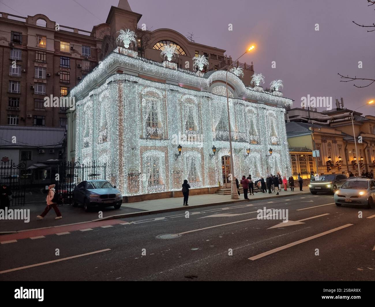 Majestic villa , completely decorated and lit with bright little white lamps / lights; Christmas decoration - Smartphone Captured Stock Image