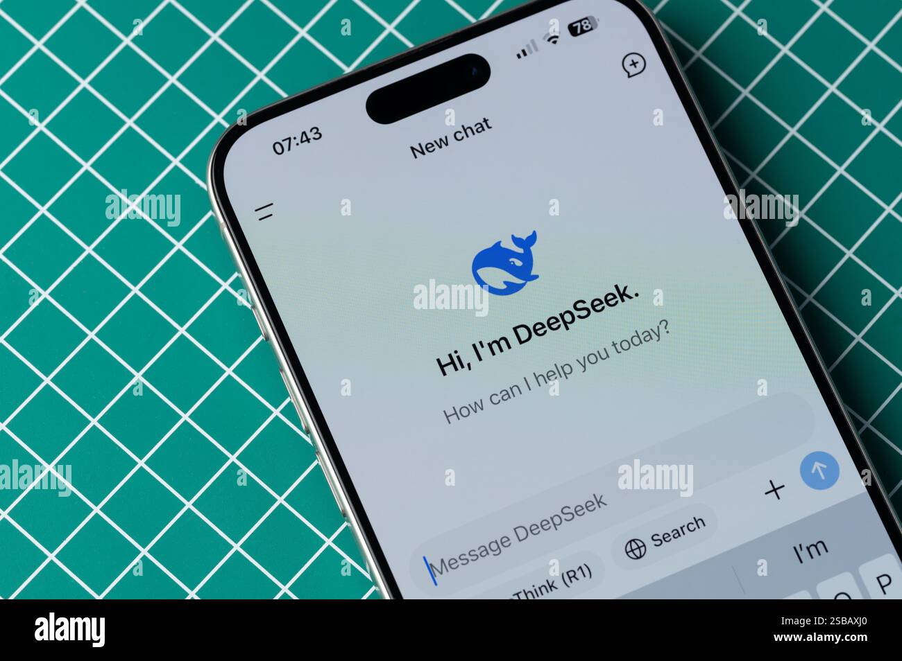 New York, USA - January 28, 2025: New chat with DeepSeek AI Assistant  on smartphone screen close up view Stock Photo