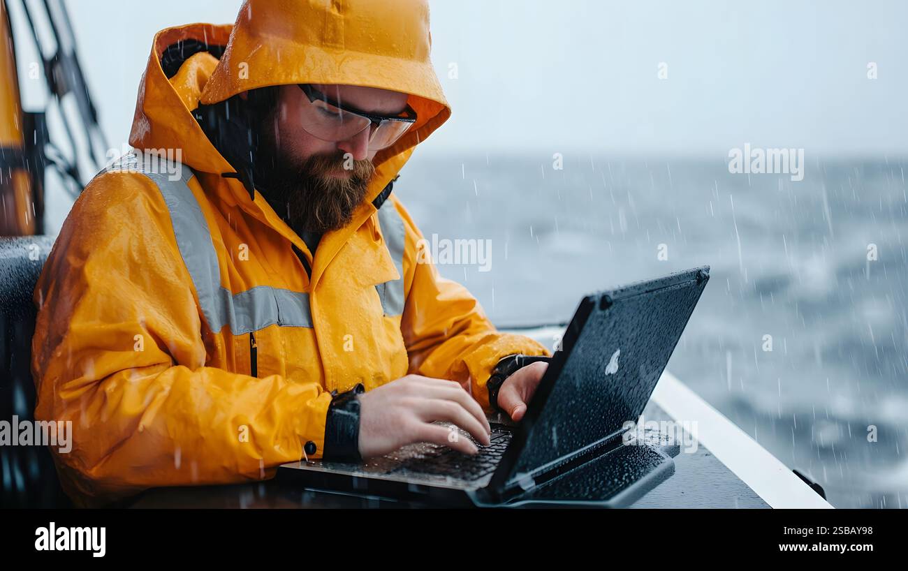 Marine Researcher Working on Splash-Proof Laptop Aboard Storm-Tossed ...