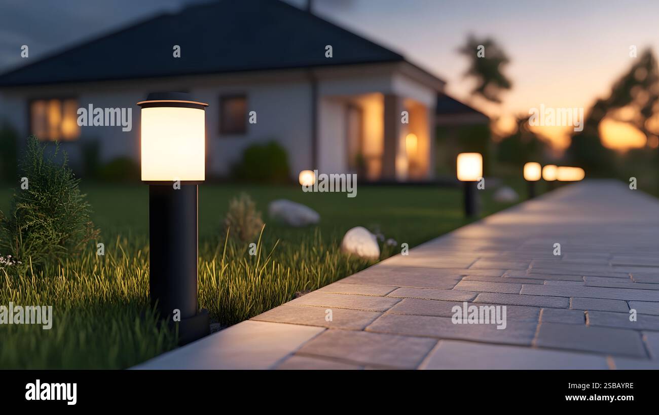 Eco-friendly solar-powered outdoor lighting fixtures lining a ...