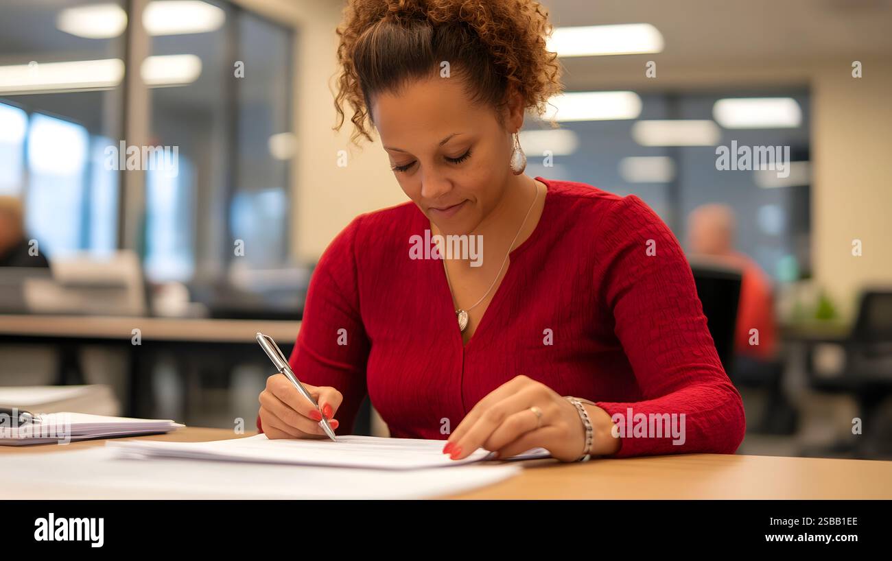 Portrait of a smiling employee signing an acknowledgment form after ...