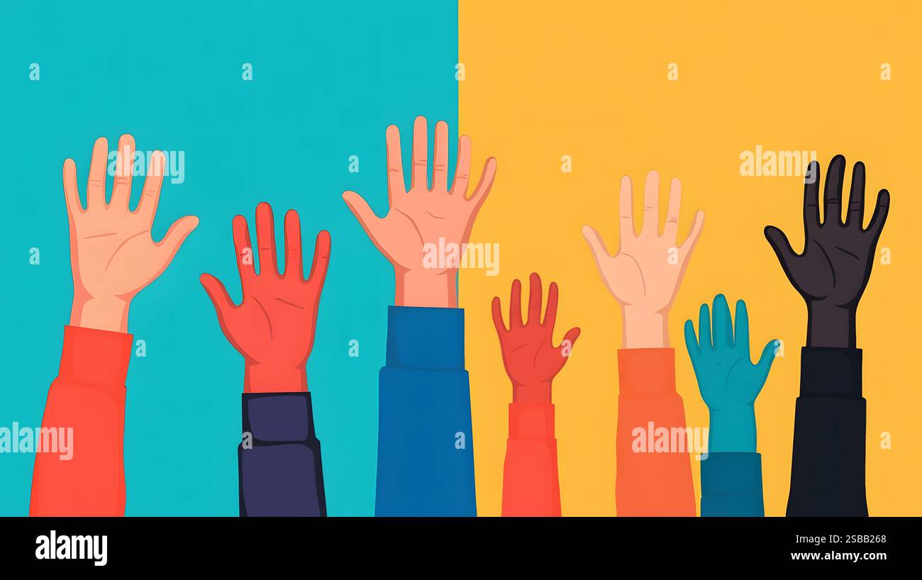 Colorful hands raised in a gesture of community support for volunteer ...