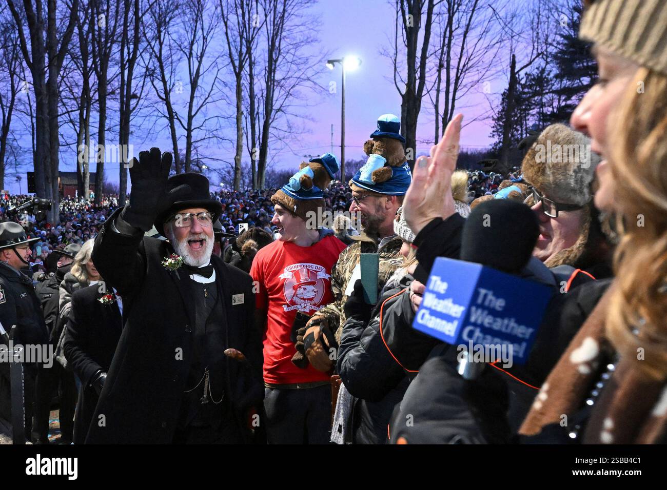 Groundhog Club President Tom Dunkel arrives to Gobblers Knob for the