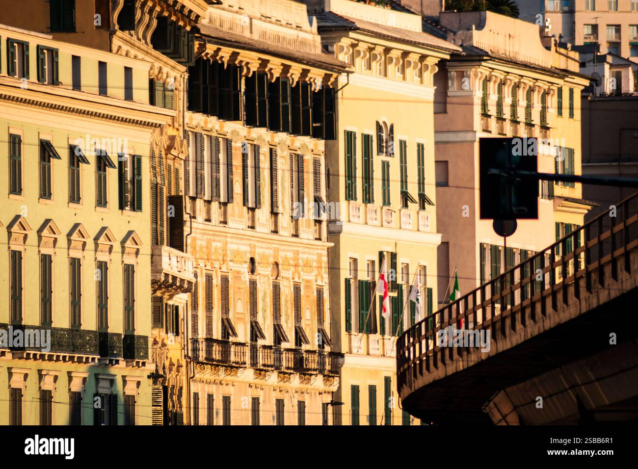 Colorful Genoa, both in the facades facing the old port and in the historical Rolli palaces of Strada Nuova in the alleys of the center. Stock Photo