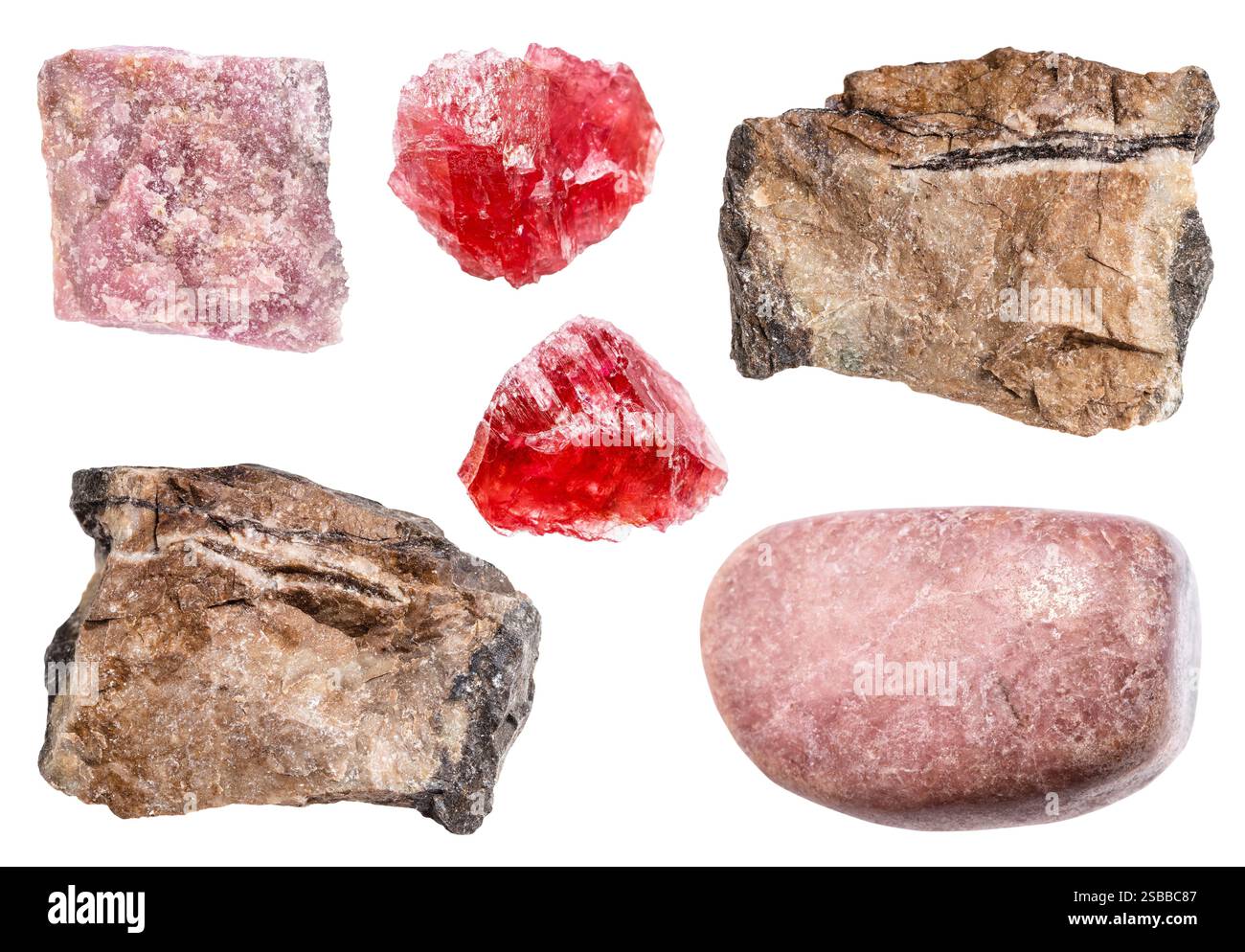 set of various samples of raw rhodonite minerals isolated on white ...