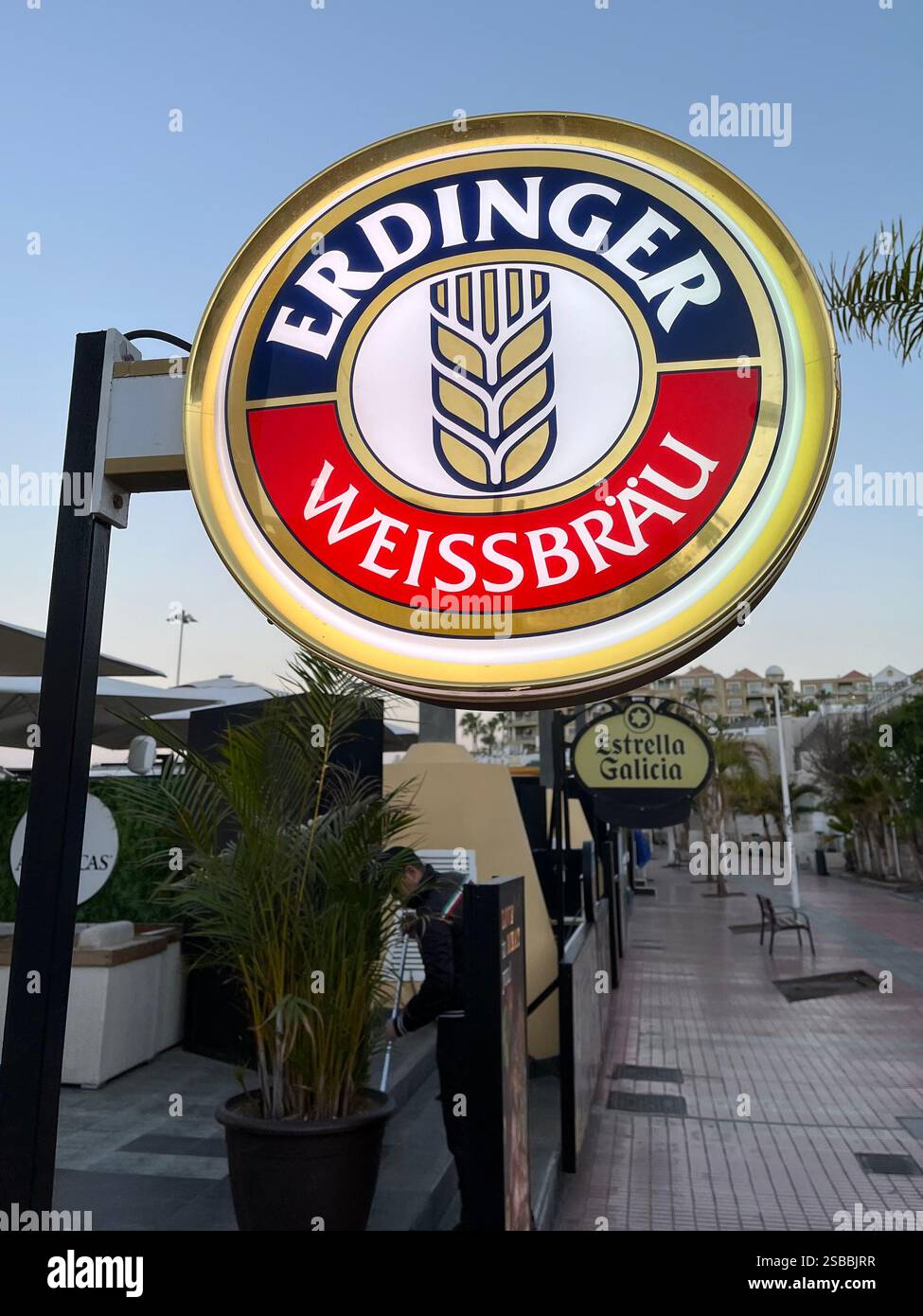 Erdinger Weissbrau (Weißbräu) Sign on the Costa Adeje Seafront by Playa de Fanabe. Tenerife, Canary Islands, Spain. 16th January 2025. Stock Photo