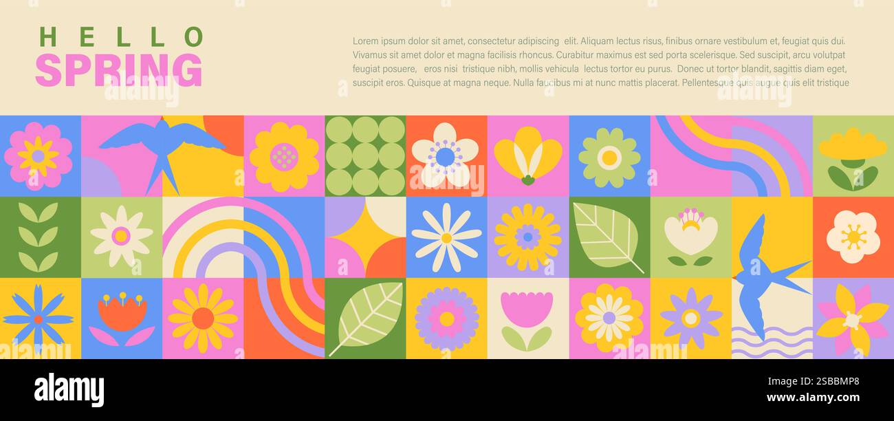 Hello spring geometric banner. Stock Vector