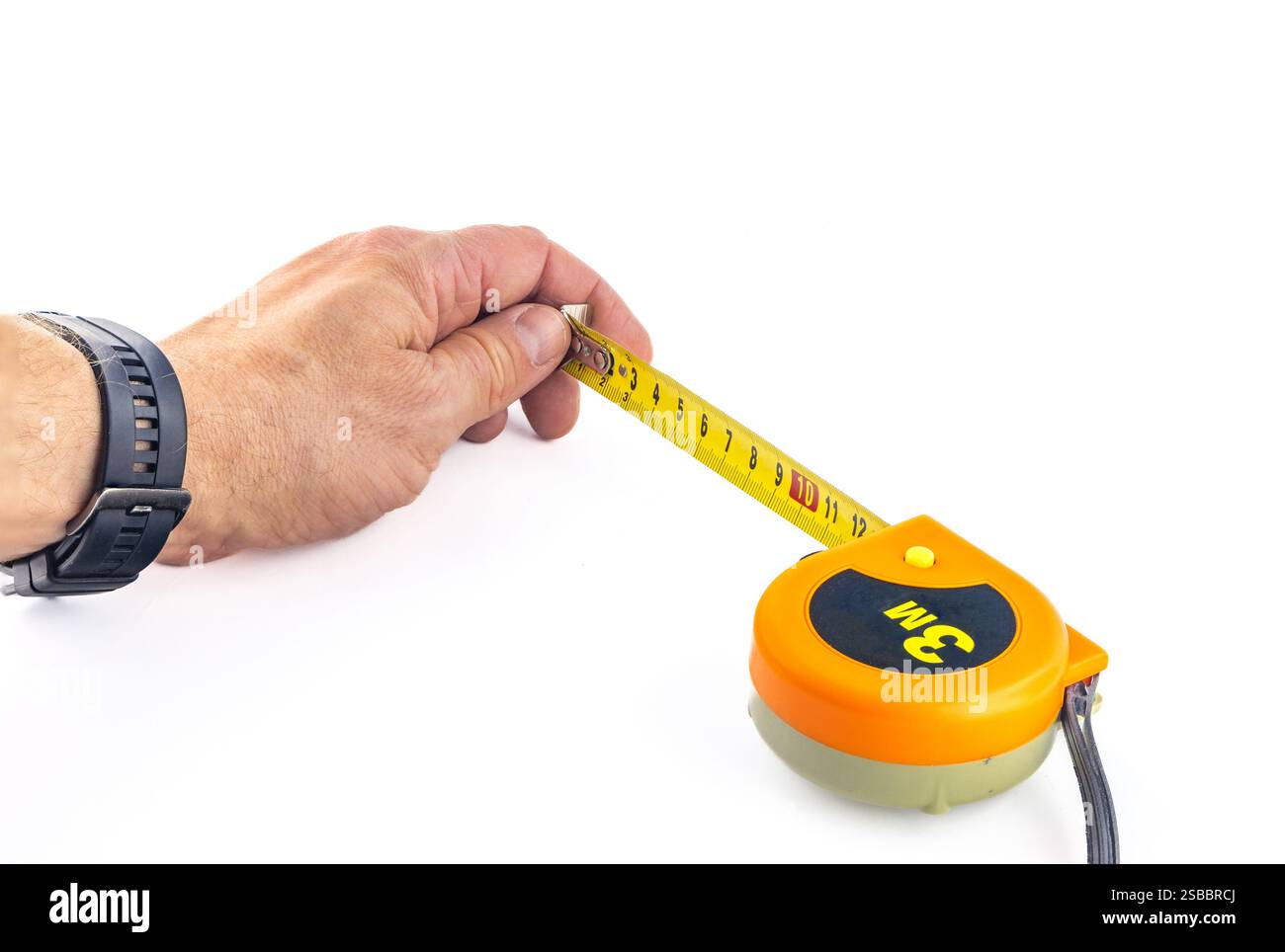 Metal construction tape measure, rolled measuring tape, tape measure on white background Stock Photo