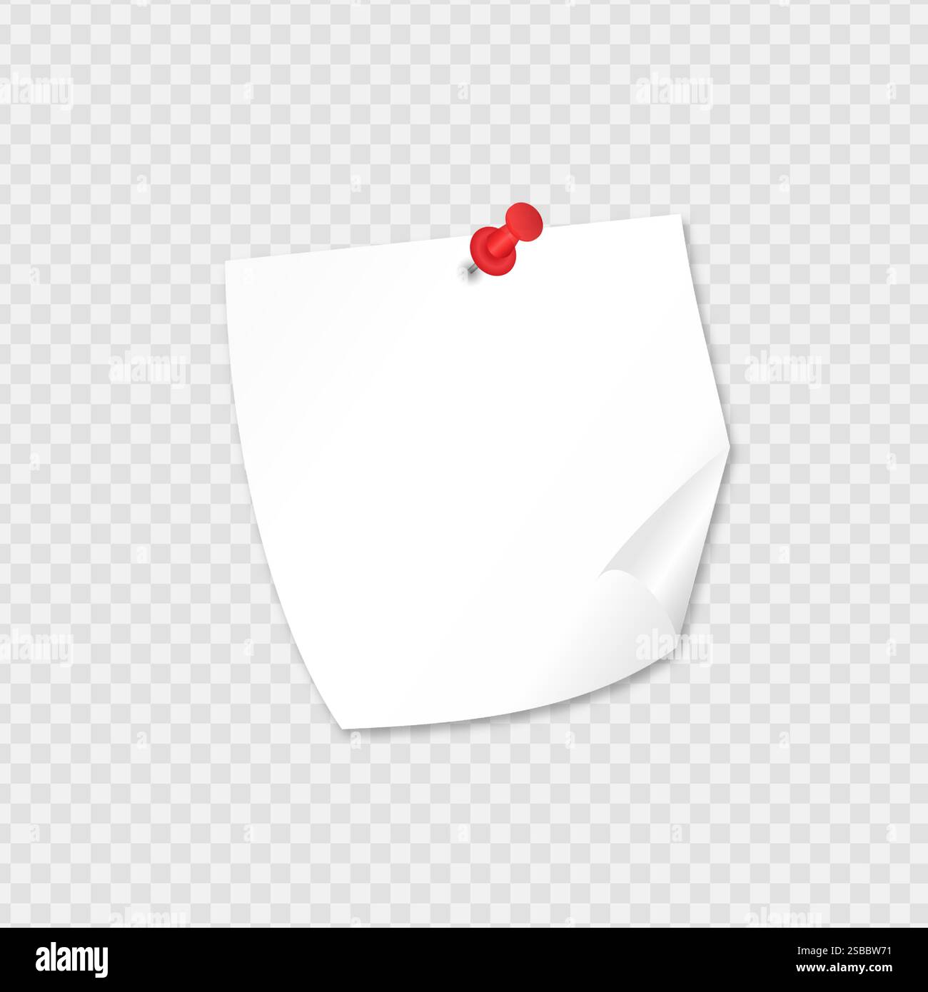 White paper note pinned red pushbutton with curled corner Stock Vector