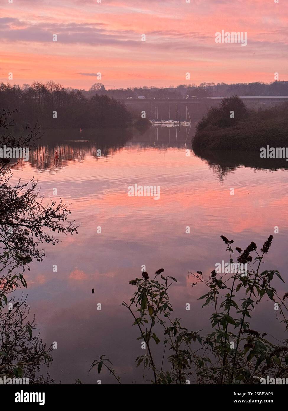 View over the lower river Ely from the Ely trail at dawn, Cardiff, Wales. - Smartphone Captured Stock Image View over the lower river Ely from the Ely trail at dawn, Cardiff, Wales. - Smartphone Captured Stock Image