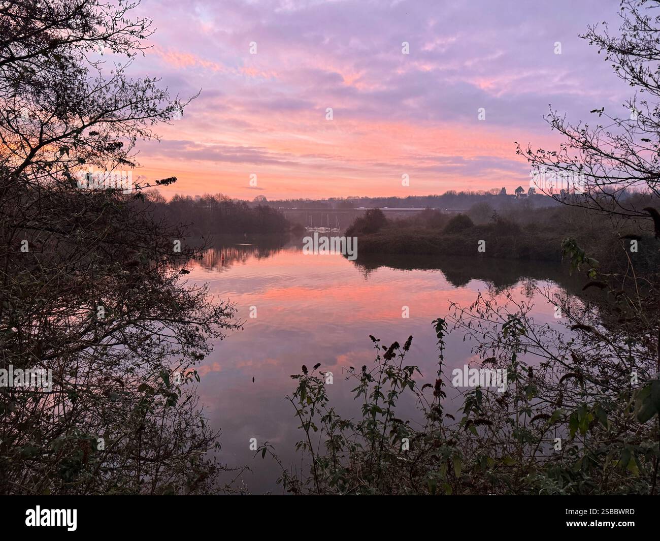 View over the lower river Ely from the Ely trail at dawn, Cardiff, Wales. - Smartphone Captured Stock Image View over the lower river Ely from the Ely trail at dawn, Cardiff, Wales. - Smartphone Captured Stock Image