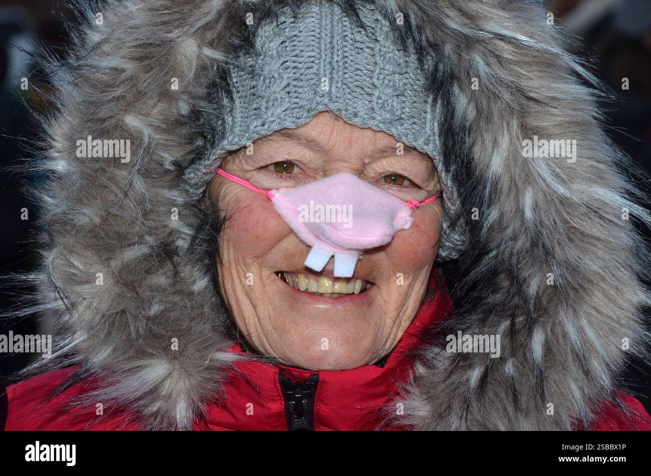 Martha Martell takes part in a Groundhog Day event in Wiarton, Ont. on