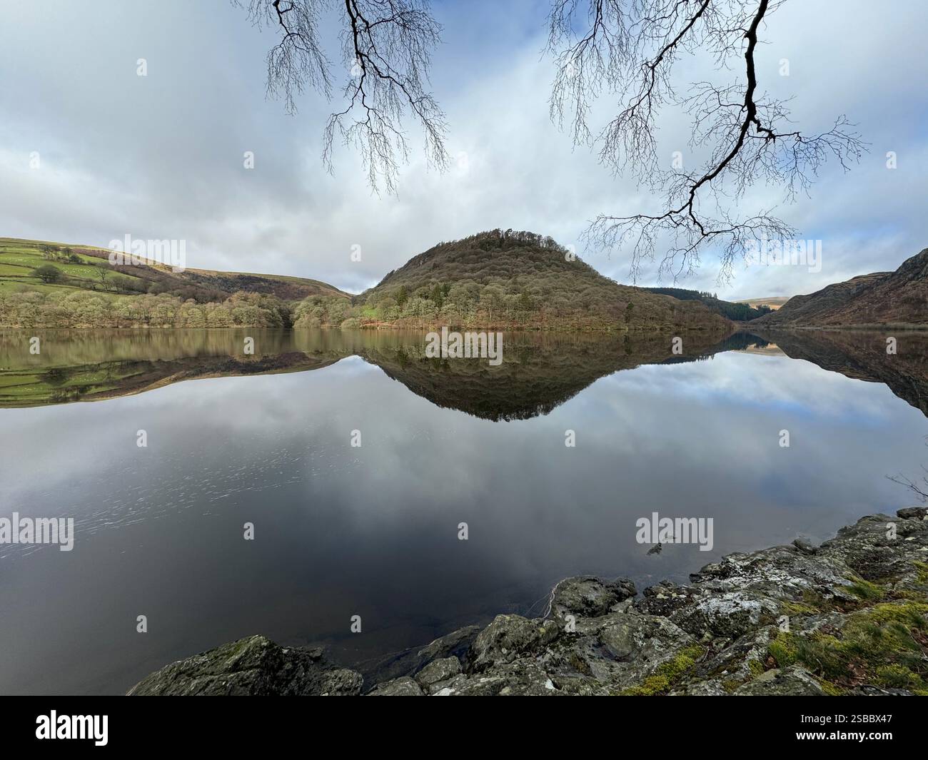 Garreg Ddu Reservoir reflections, Elan Valley, Rhyader, Mid Wales - Smartphone Captured Stock Image