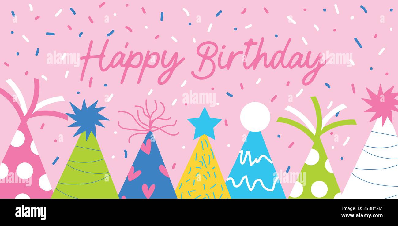 Colorful Party Hats and Happy Birthday Text on Pink Confetti Background ...