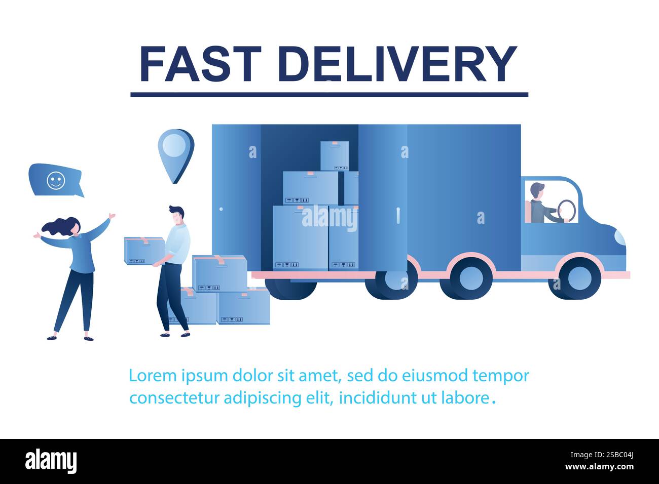 Fast delivery of goods to the buyer. Happy woman customer and delivery man with boxes. Online order tracking. Transport and people in trendy style iso Stock Vector