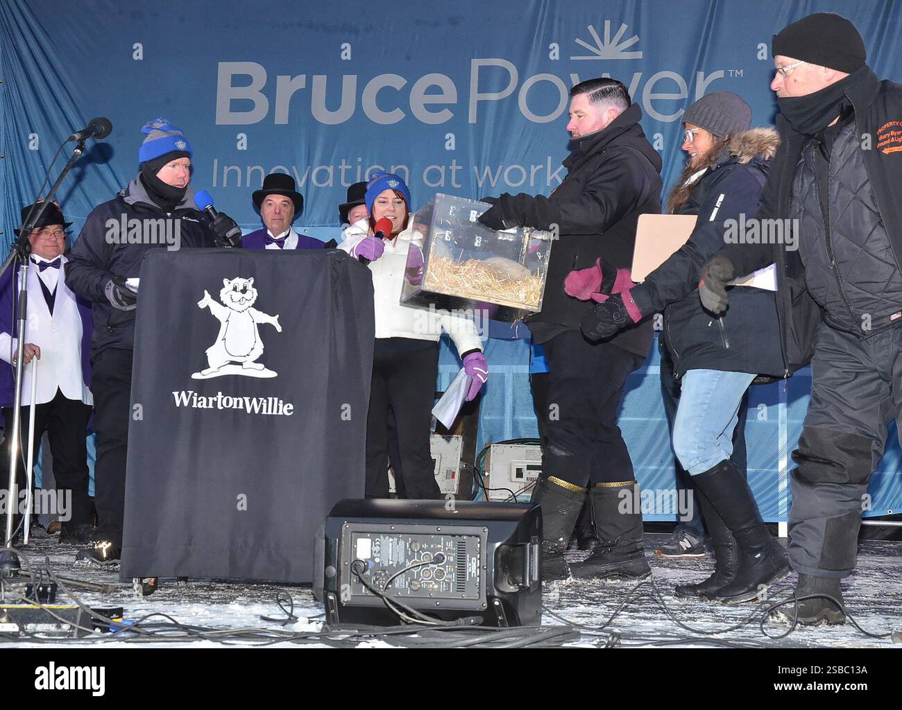 Wiarton Willie arrives on stage during a Groundhog Day event in Wiarton
