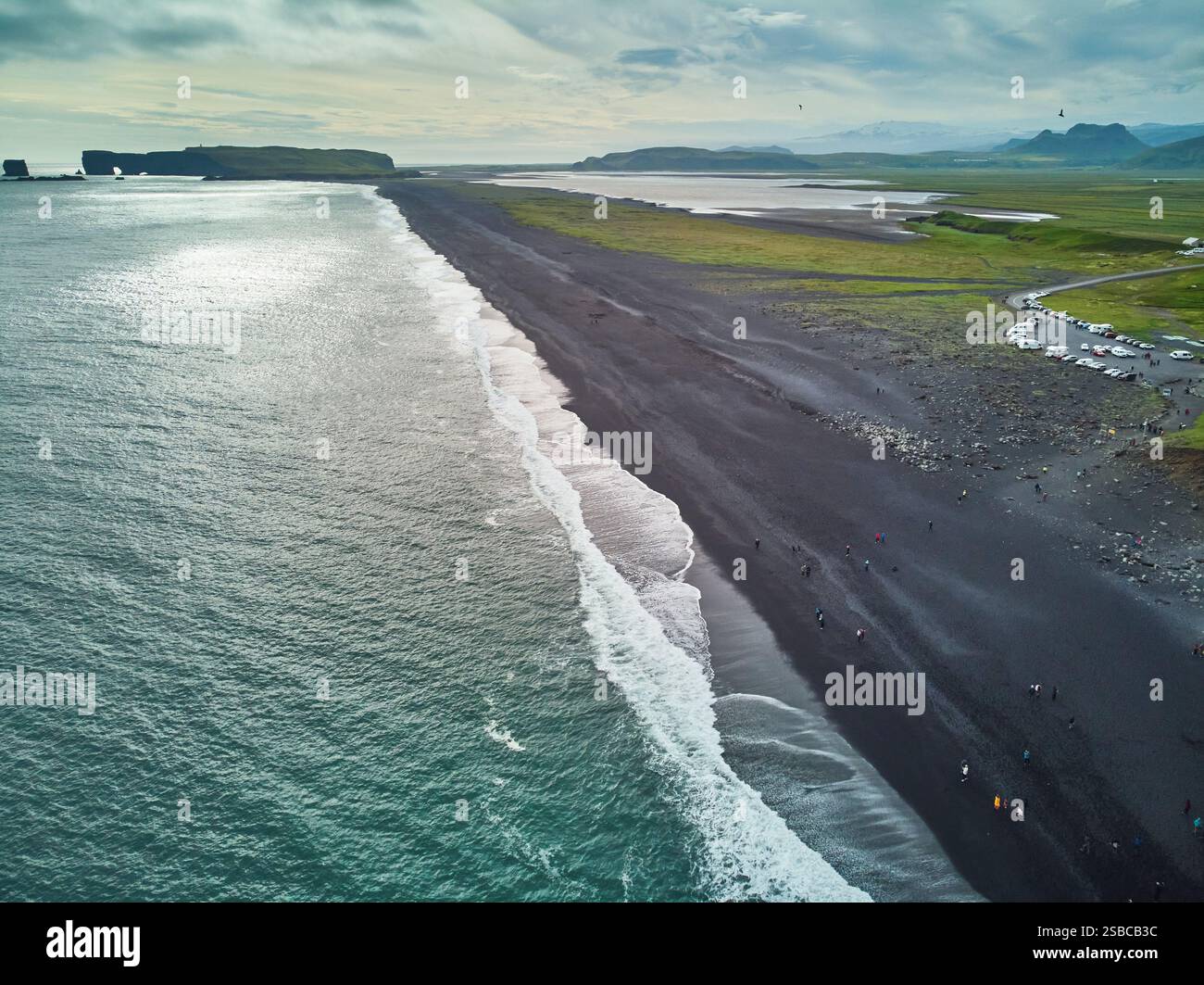 Aerial scenic view of Reynisfjara black sand beach near Vik in Southern ...