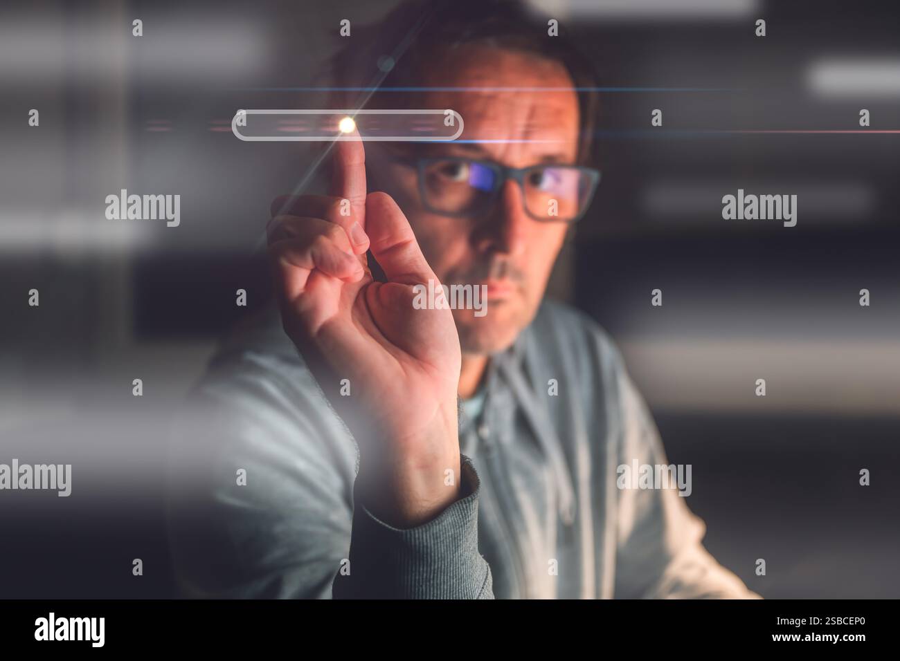 Using virtual screen, adult male clicking on menu item, mockup copy space Stock Photo