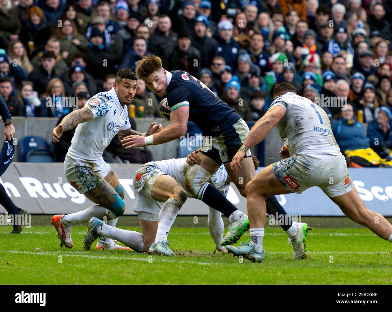 EDINBURGH, SCOTLAND - FEBRUARY 1:  Scotland centre, Huw Jones, scores his 3rd try. Stock Photo