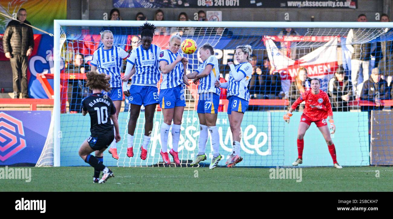 Crawley , UK  2nd February 2025 - Annabel Blanchard of Crystal Palace goes close with a free kick over Brighton's defensive wall during the Women's Super League football match between Brighton & Hove Albion and Crystal Palace at the Broadfield Stadium , Crawley ,  UK  : Credit Simon Dack /TPI/ Alamy Live News Stock Photo