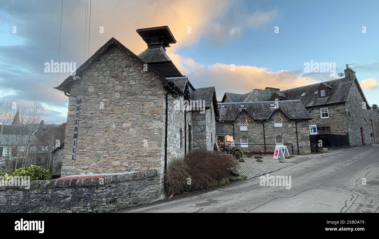 Building in the Scottish town of Aberfeldy. Scotland Highlands. Beautiful rural Scottish scene. Village life, Famous Location. Tourist destination. - Smartphone Captured Stock Image