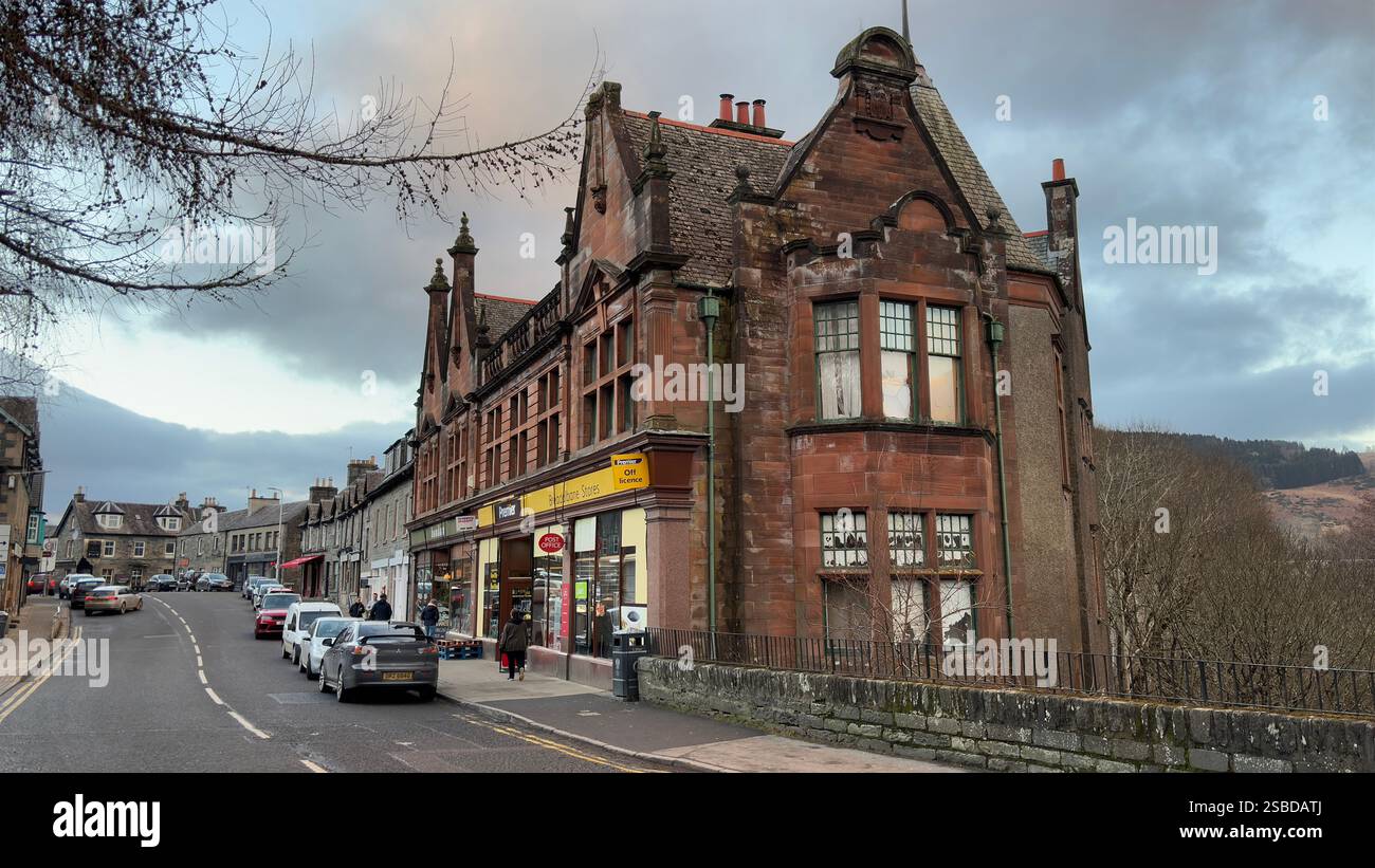 Building in the Scottish town of Aberfeldy. Scotland Highlands. Beautiful rural Scottish scene. Village life, Famous Location. Tourist destination. - Smartphone Captured Stock Image