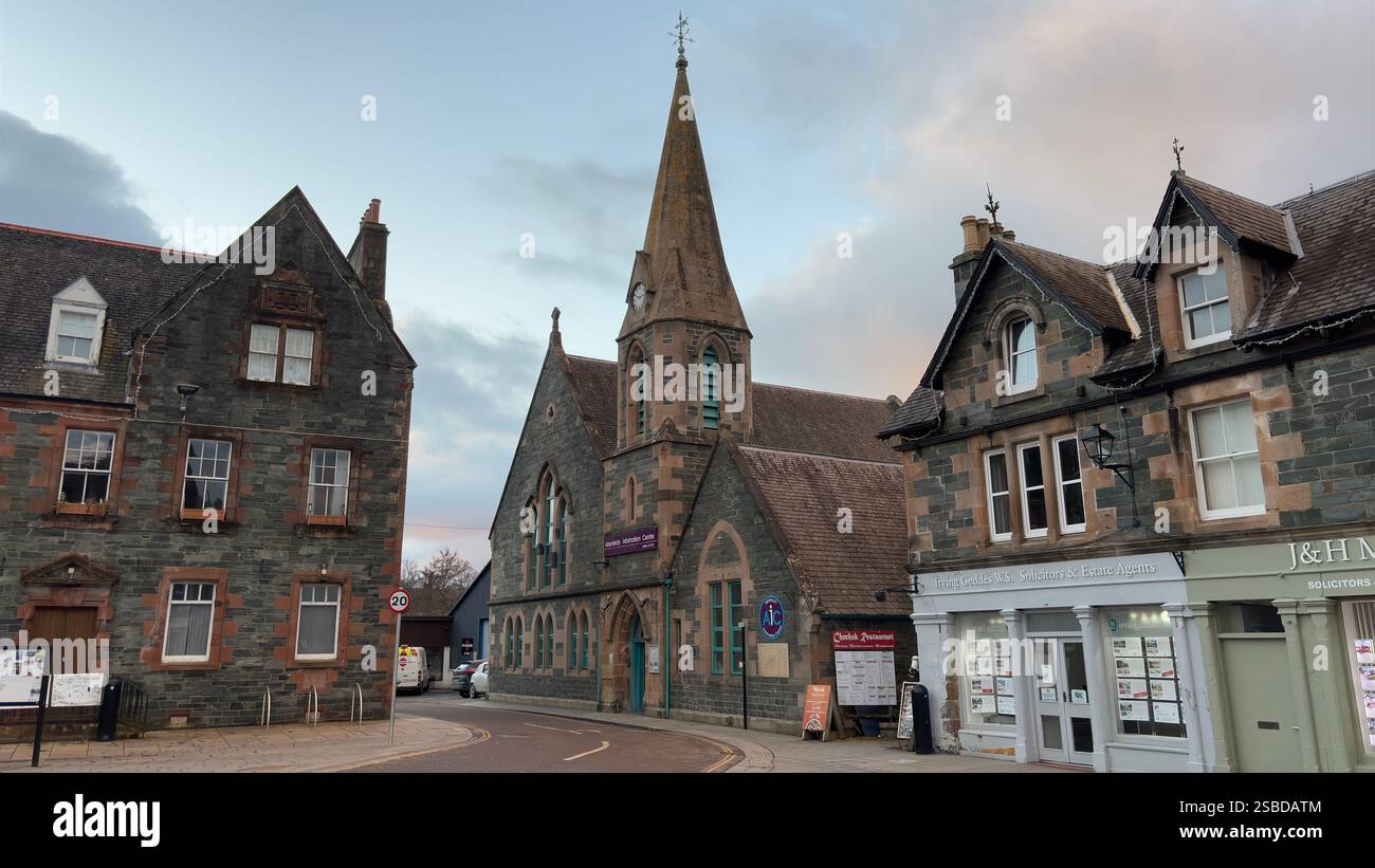 Building in the Scottish town of Aberfeldy. Scotland Highlands. Beautiful rural Scottish scene. Village life, Famous Location. Tourist destination. - Smartphone Captured Stock Image
