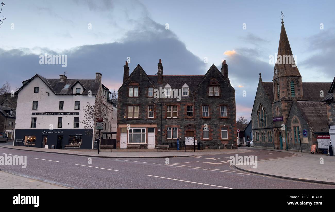 Building in the Scottish town of Aberfeldy. Scotland Highlands. Beautiful rural Scottish scene. Village life, Famous Location. Tourist destination. - Smartphone Captured Stock Image