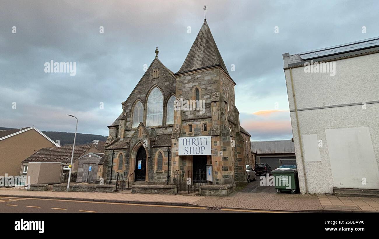 Building in the Scottish town of Aberfeldy. Scotland Highlands. Beautiful rural Scottish scene. Village life, Famous Location. Tourist destination. - Smartphone Captured Stock Image