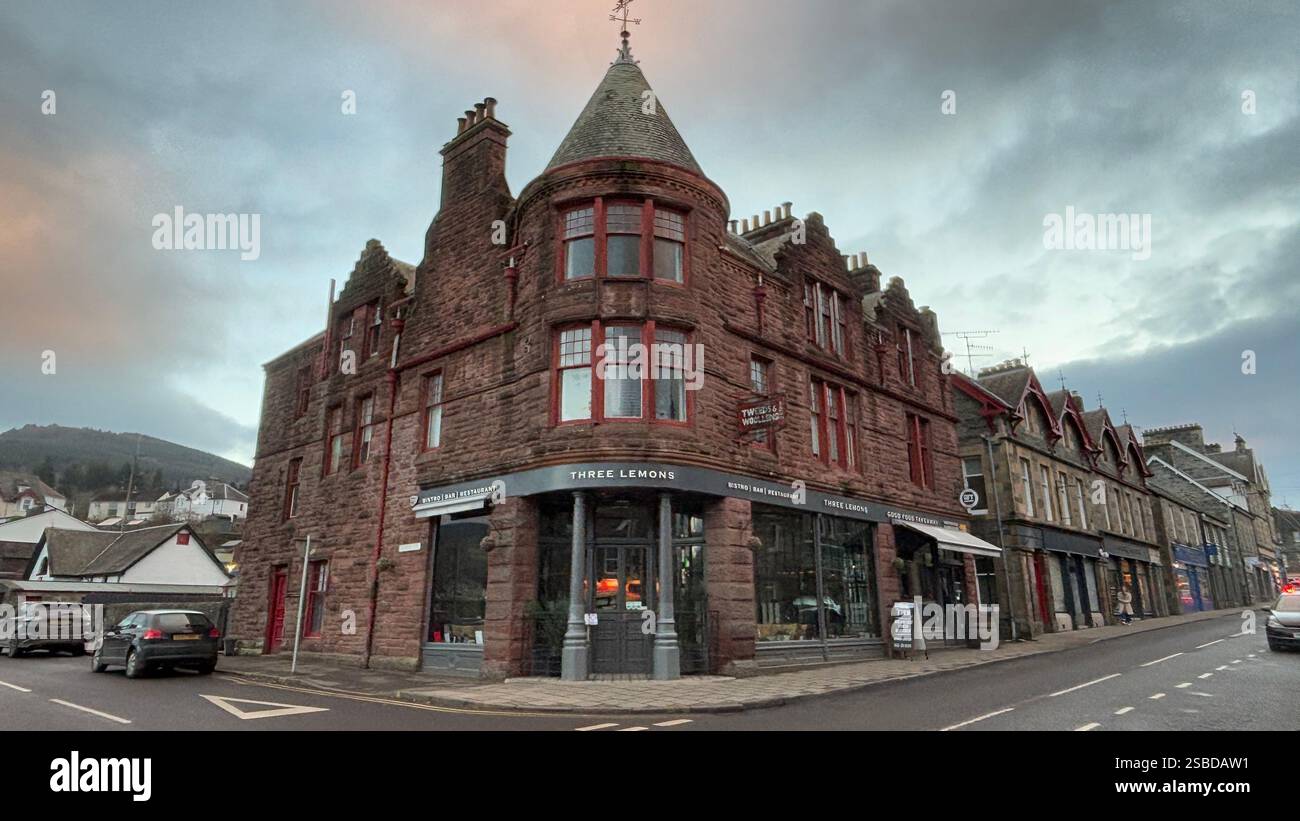 Building in the Scottish town of Aberfeldy. Scotland Highlands. Beautiful rural Scottish scene. Village life, Famous Location. Tourist destination. - Smartphone Captured Stock Image