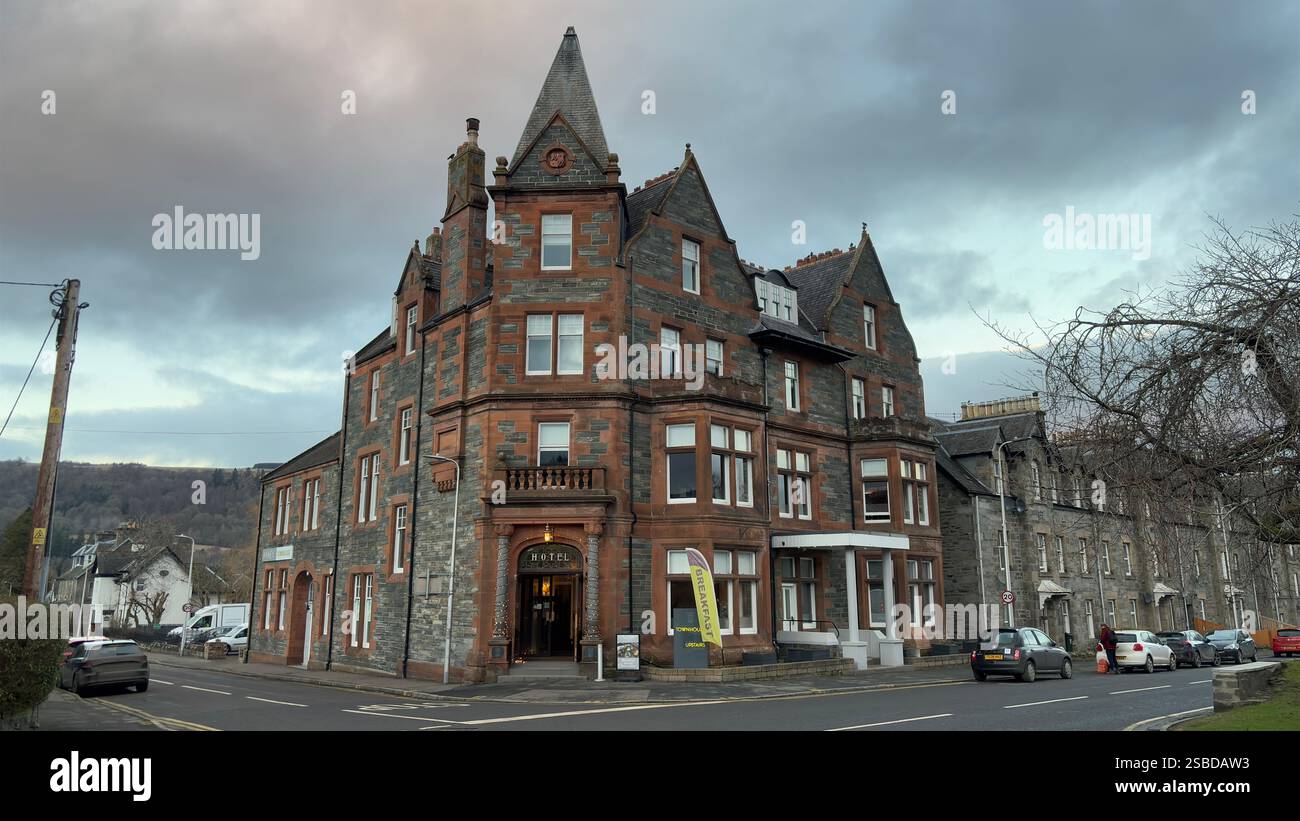 Building in the Scottish town of Aberfeldy. Scotland Highlands. Beautiful rural Scottish scene. Village life, Famous Location. Tourist destination. - Smartphone Captured Stock Image