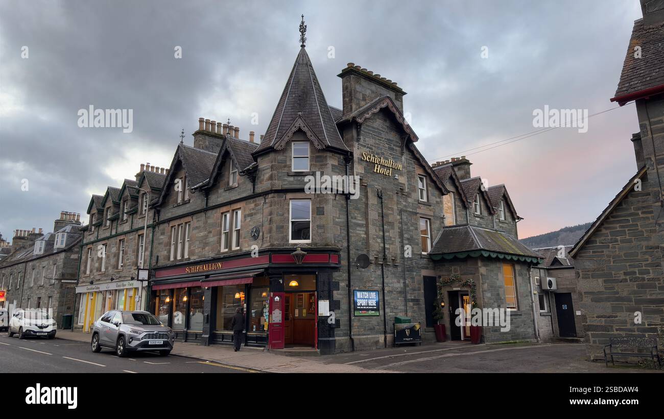 Building in the Scottish town of Aberfeldy. Scotland Highlands. Beautiful rural Scottish scene. Village life, Famous Location. Tourist destination. - Smartphone Captured Stock Image