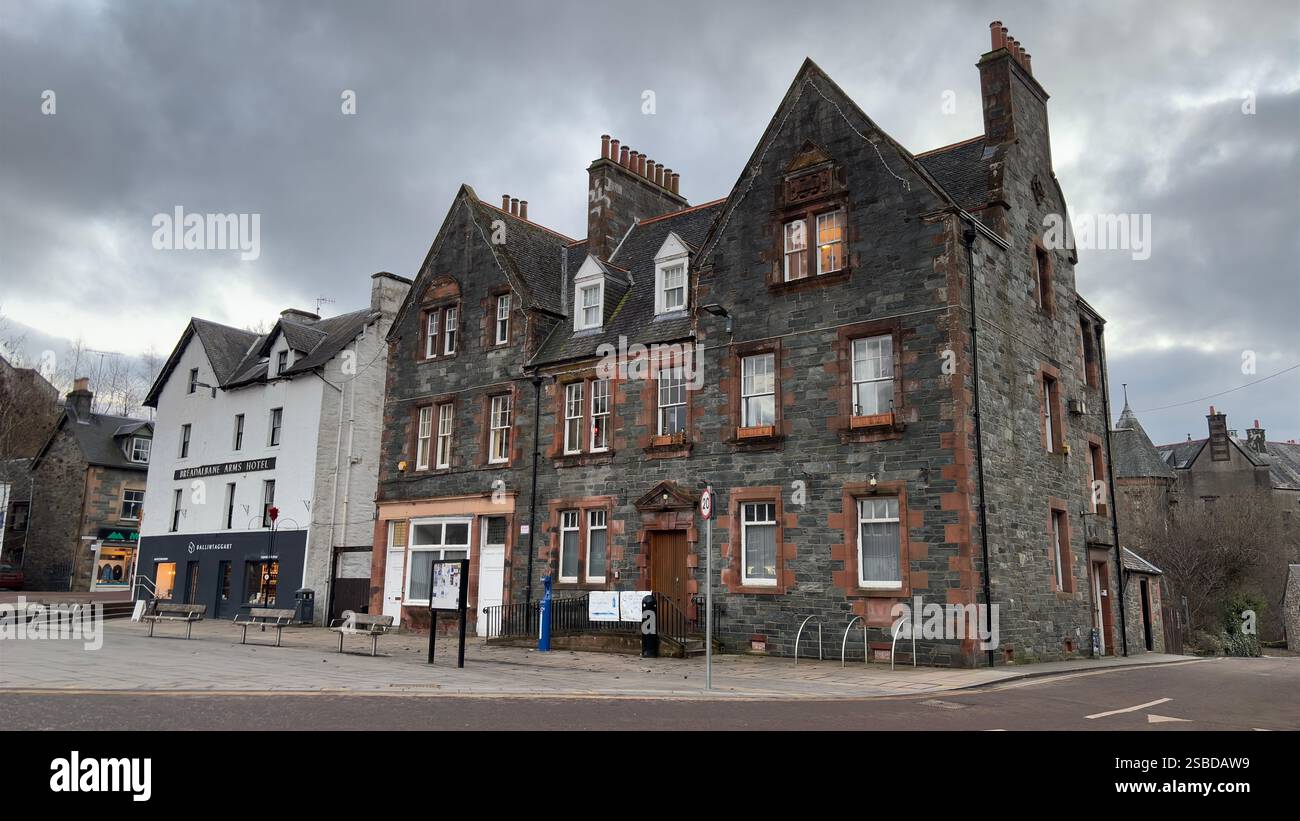 Building in the Scottish town of Aberfeldy. Scotland Highlands. Beautiful rural Scottish scene. Village life, Famous Location. Tourist destination. - Smartphone Captured Stock Image