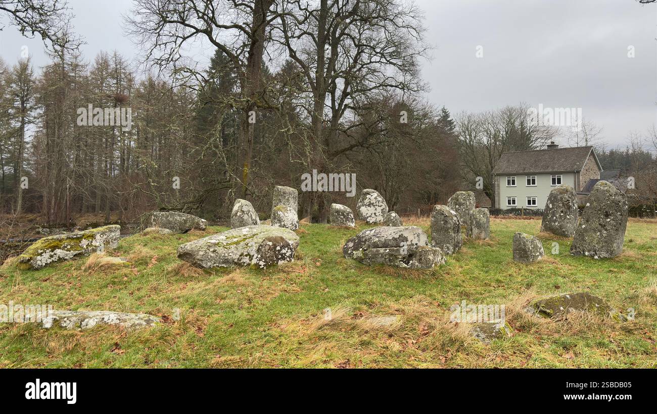 Croft Moraig Stone Circle. Prehistoric stone circle Neolithic and Bronze Age. Rural Scotland with Lochs, Glens and Mountains. Beautiful landscape - Smartphone Captured Stock Image
