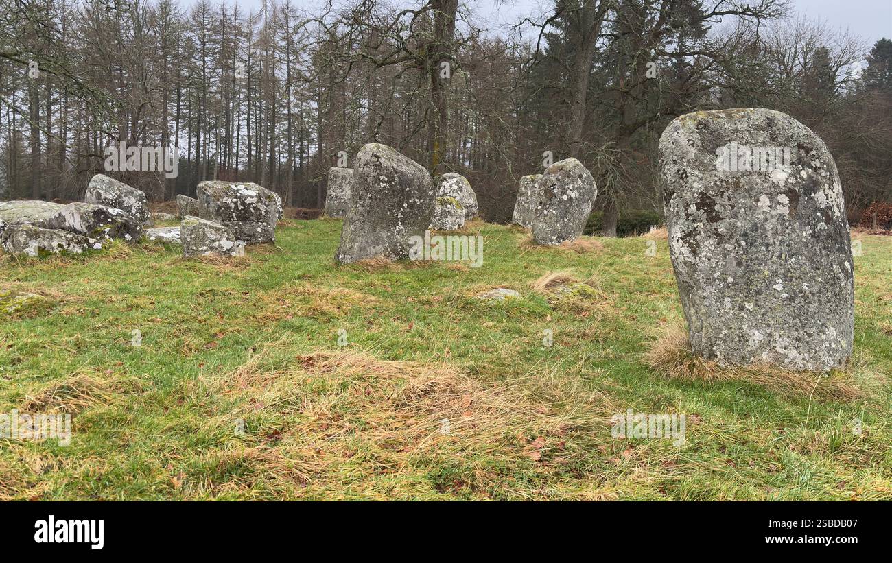Croft Moraig Stone Circle. Prehistoric stone circle Neolithic and Bronze Age. Rural Scotland with Lochs, Glens and Mountains. Beautiful landscape - Smartphone Captured Stock Image