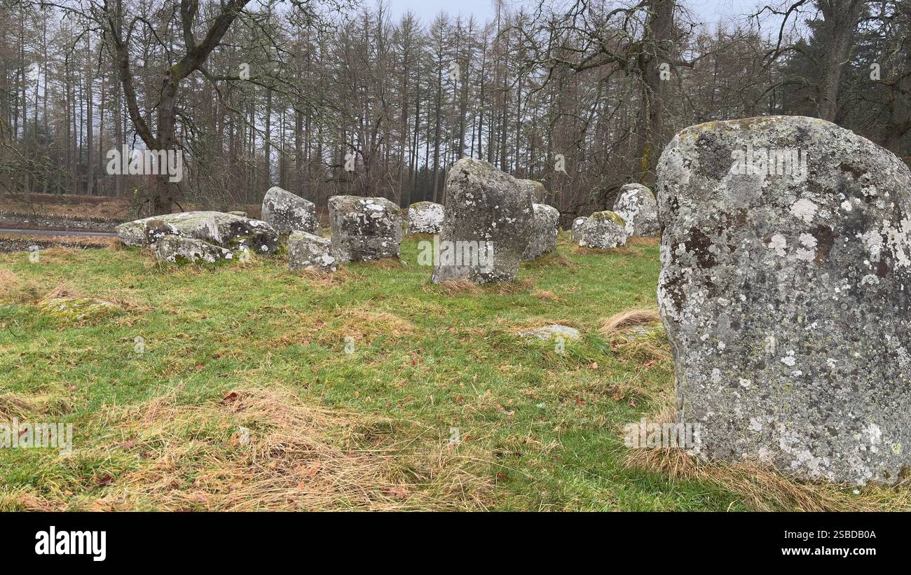 Croft Moraig Stone Circle. Prehistoric stone circle Neolithic and Bronze Age. Rural Scotland with Lochs, Glens and Mountains. Beautiful landscape - Smartphone Captured Stock Image