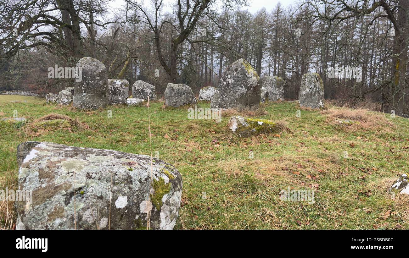 Croft Moraig Stone Circle. Prehistoric stone circle Neolithic and Bronze Age. Rural Scotland with Lochs, Glens and Mountains. Beautiful landscape - Smartphone Captured Stock Image