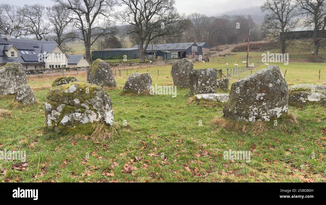Croft Moraig Stone Circle. Prehistoric stone circle Neolithic and Bronze Age. Rural Scotland with Lochs, Glens and Mountains. Beautiful landscape - Smartphone Captured Stock Image