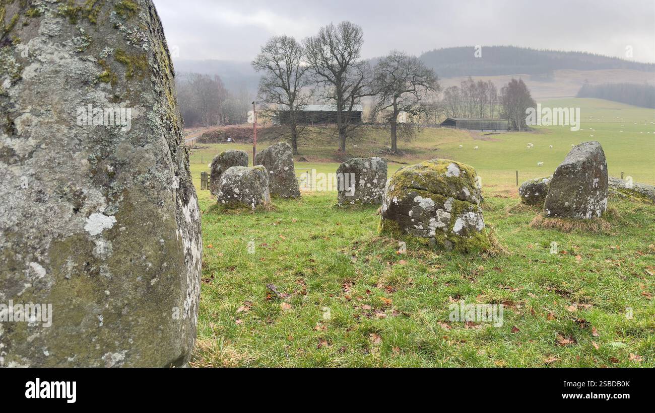 Croft Moraig Stone Circle. Prehistoric stone circle Neolithic and Bronze Age. Rural Scotland with Lochs, Glens and Mountains. Beautiful landscape - Smartphone Captured Stock Image