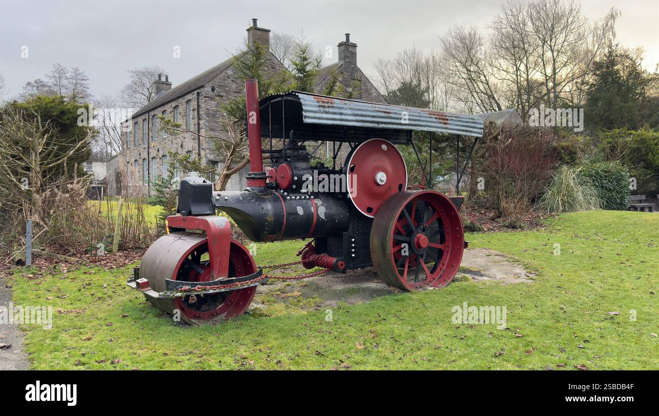 Old steam powered road roller in a public park in Aberfeldy. Scottish Highlands. Britain’s industrial past. Steam locomotion. - Smartphone Captured Stock Image