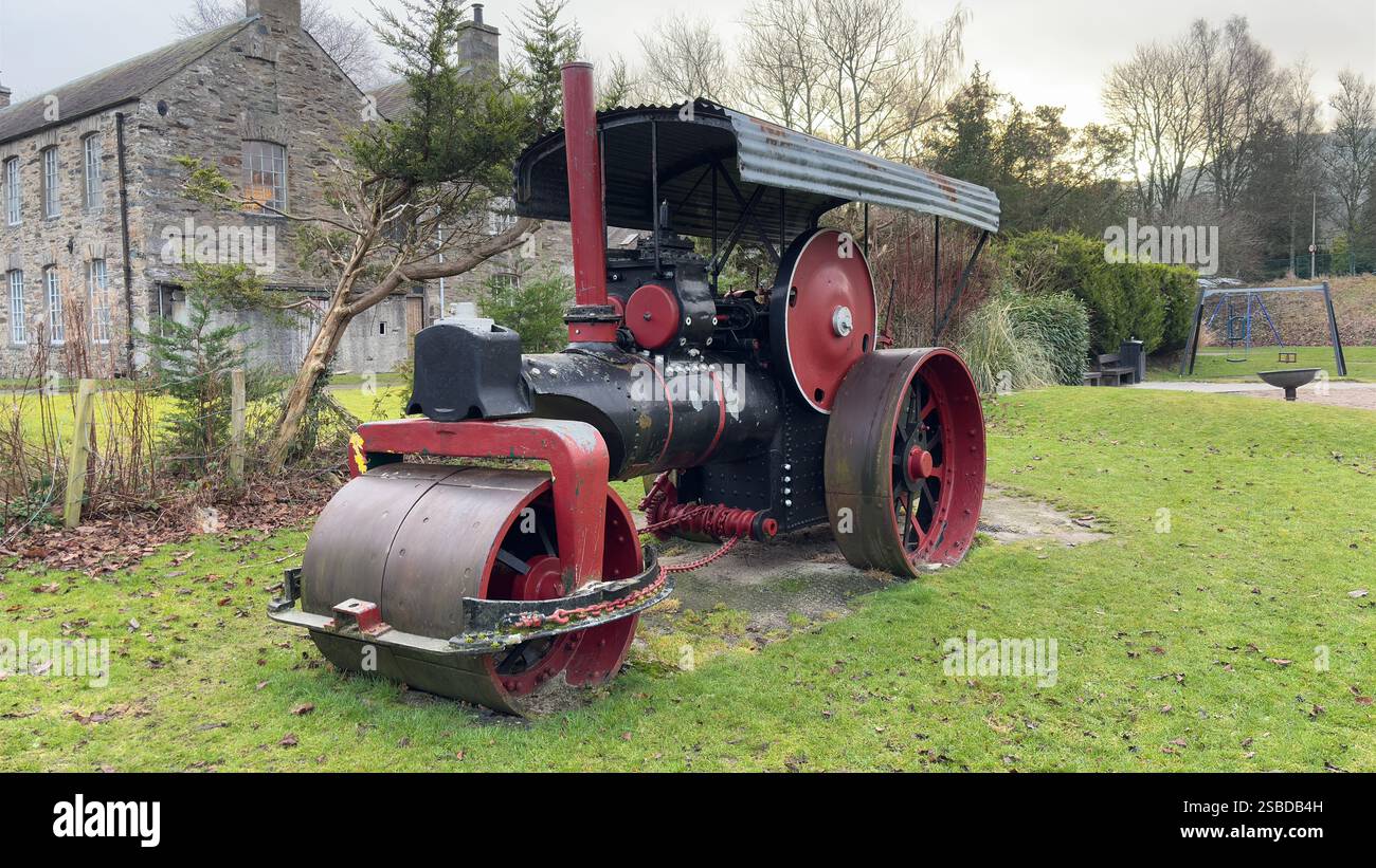 Old steam powered road roller in a public park in Aberfeldy. Scottish Highlands. Britain’s industrial past. Steam locomotion. - Smartphone Captured Stock Image
