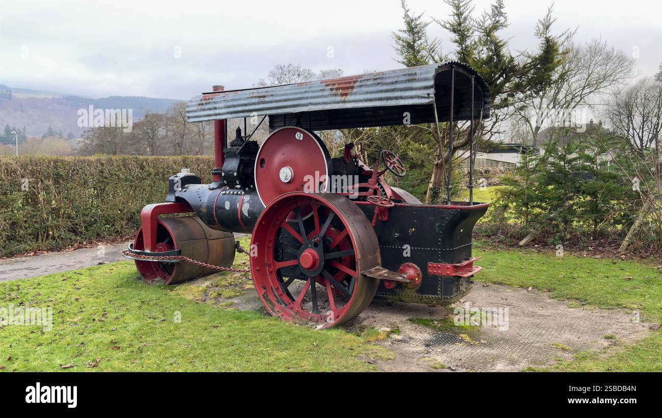 Old steam powered road roller in a public park in Aberfeldy. Scottish Highlands. Britain’s industrial past. Steam locomotion. - Smartphone Captured Stock Image