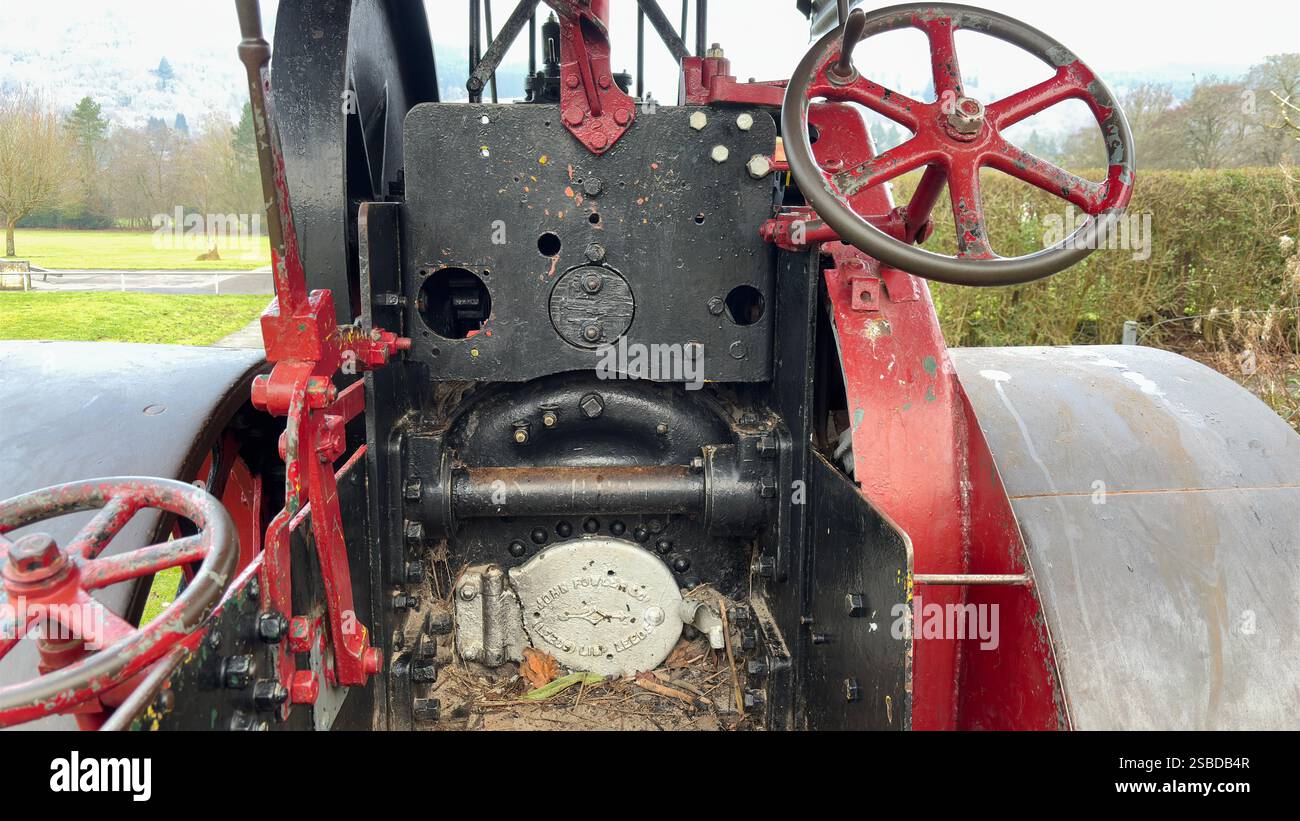Old steam powered road roller in a public park in Aberfeldy. Scottish Highlands. Britain’s industrial past. Steam locomotion. - Smartphone Captured Stock Image