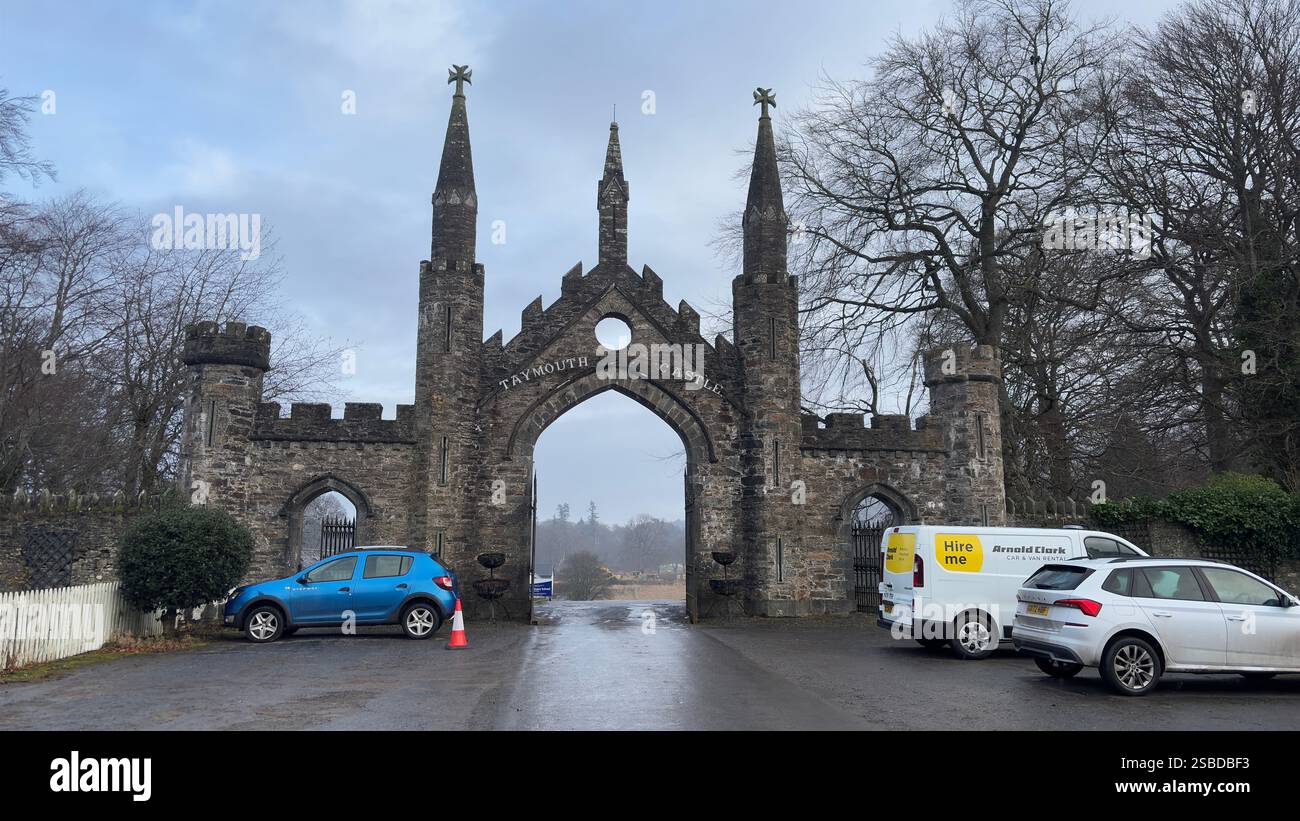 Taymouth Castle Gate at Kenmore. Ancient Scottish building. Loch Tay, Scotland Highlands - Smartphone Captured Stock Image