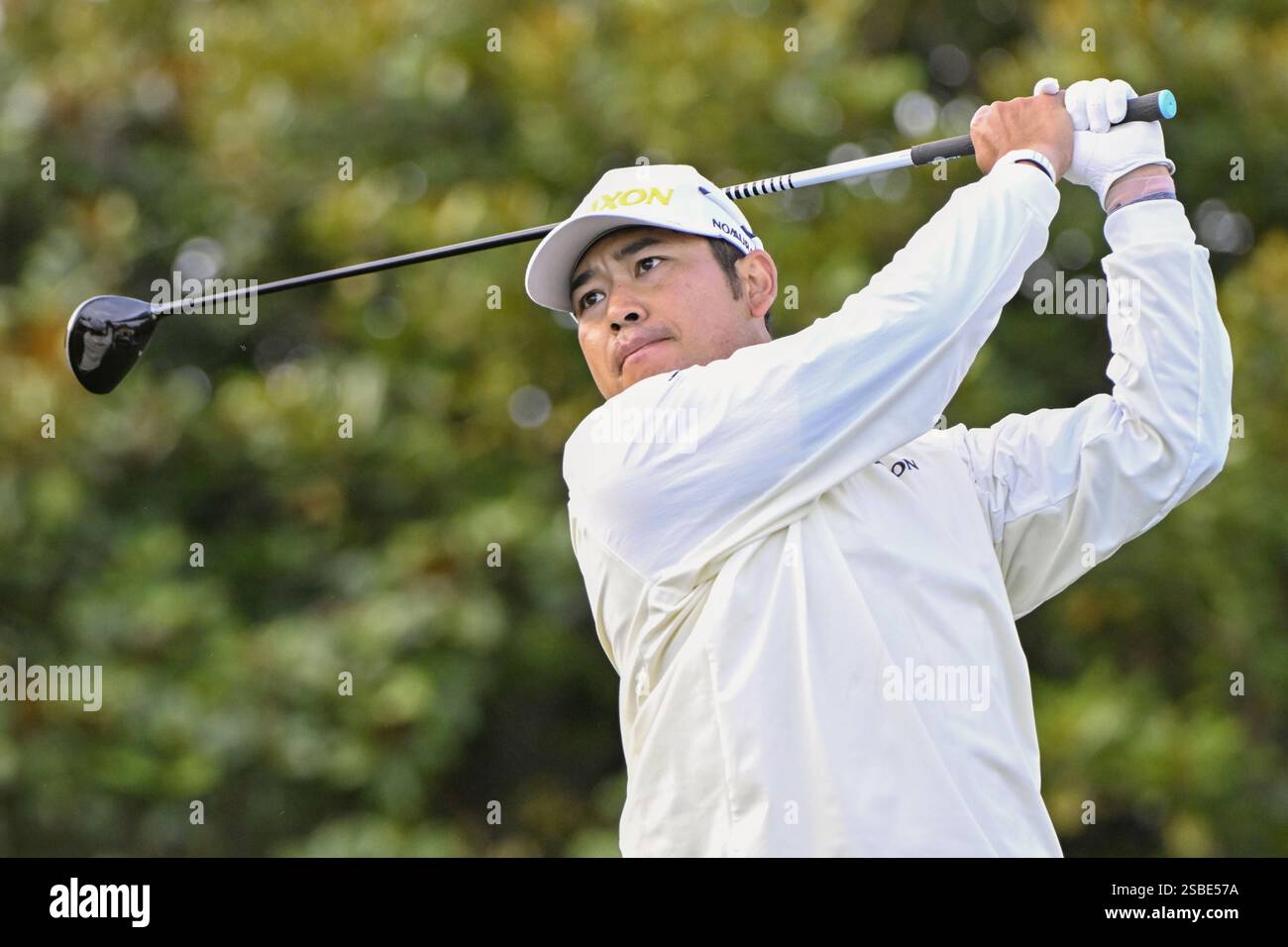 Hideki Matsuyama of Japan hits off the first tee in the final round of