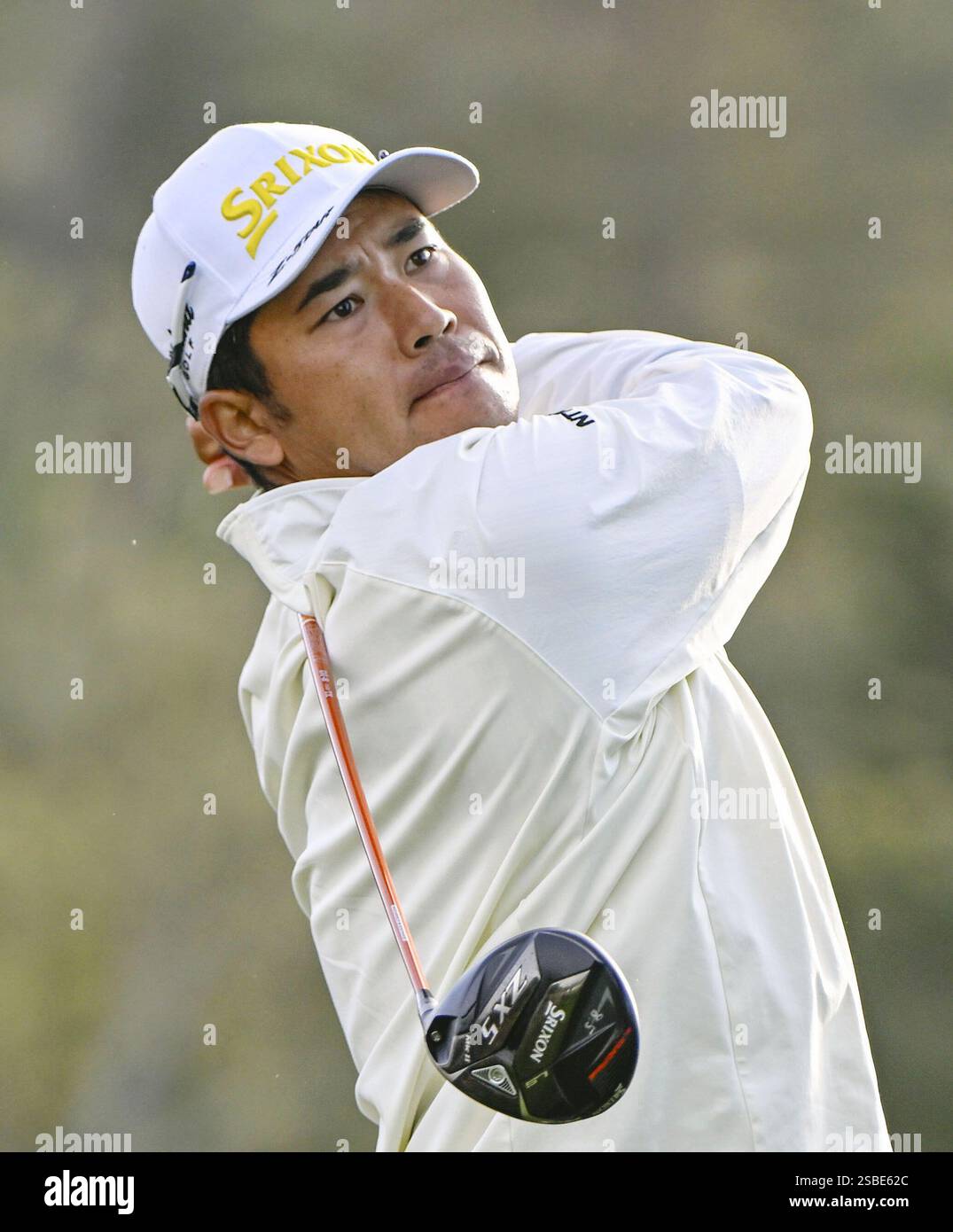 Hideki Matsuyama of Japan hits off the third tee in the final round of